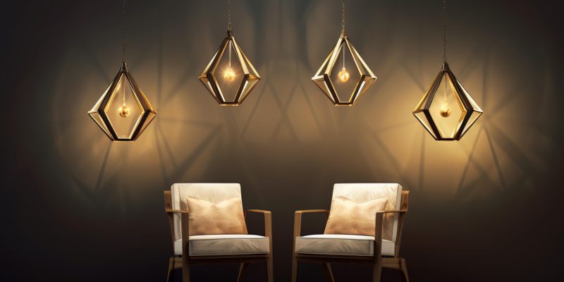 a few hanging lamps in the middle of an empty room with a chair, in the style of multifaceted geometry, sleek and stylized, subtle lighting, accurate and detailed, angular simplicity, sleek, serene mood --v 5.2 Job ID: 1ad22560-c861-43b9-bc78-9f5f784197ba